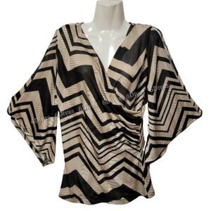 Butterfly Sleeve Top in Black & Beige Geometric Print -  Size S, XL